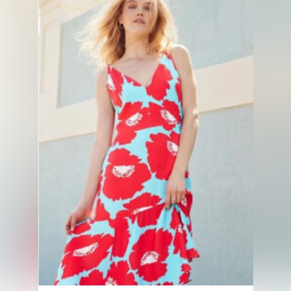 MILLY
Dashielle Pop Floral-Print Asymmetrical midi dress sz 10 blue red M - Picture 1 of 8